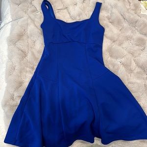 Blue flowy dress, tight at waist, medium thick straps